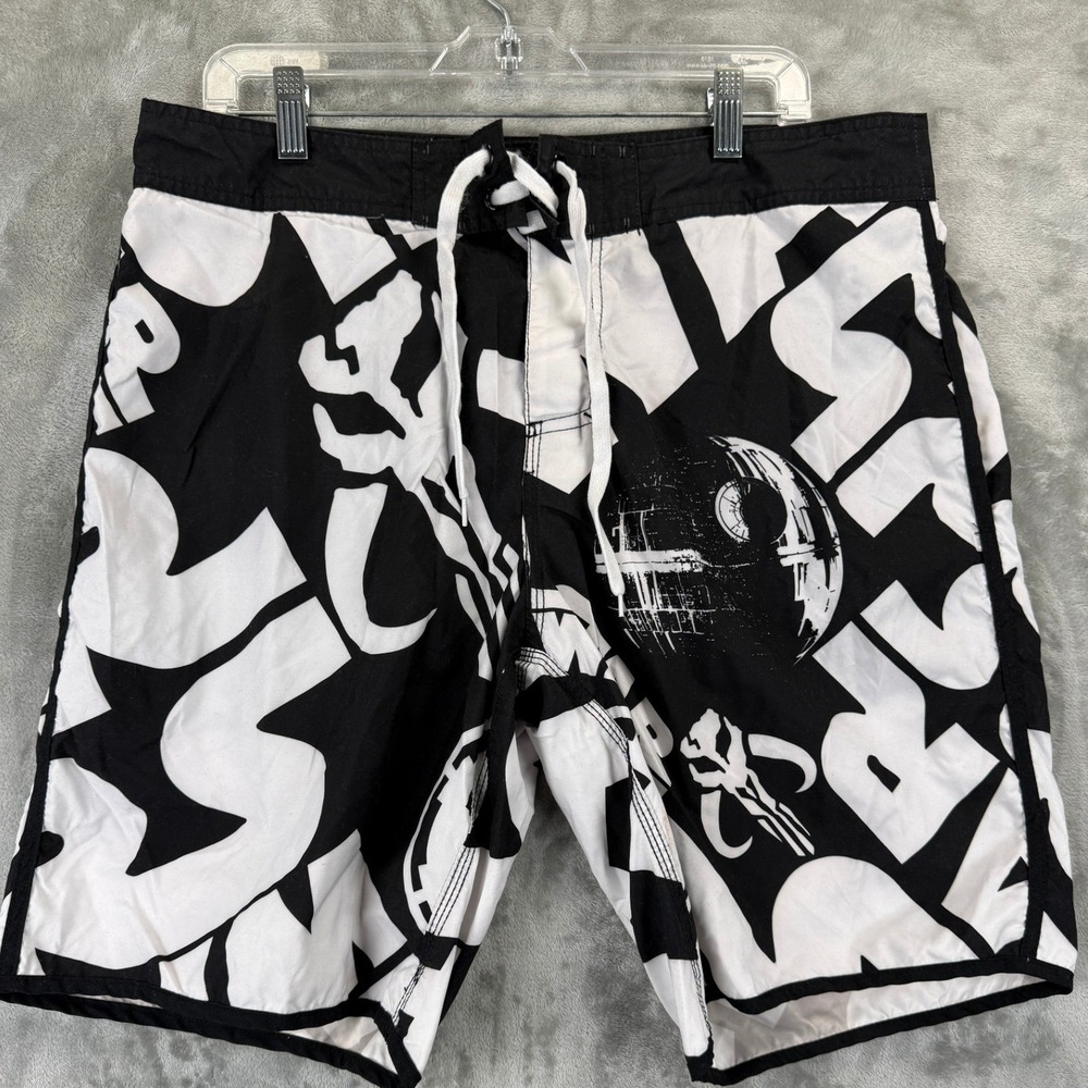 Star Wars Mens Board Shorts Black White Death Star Empire Boba Fett Size 36